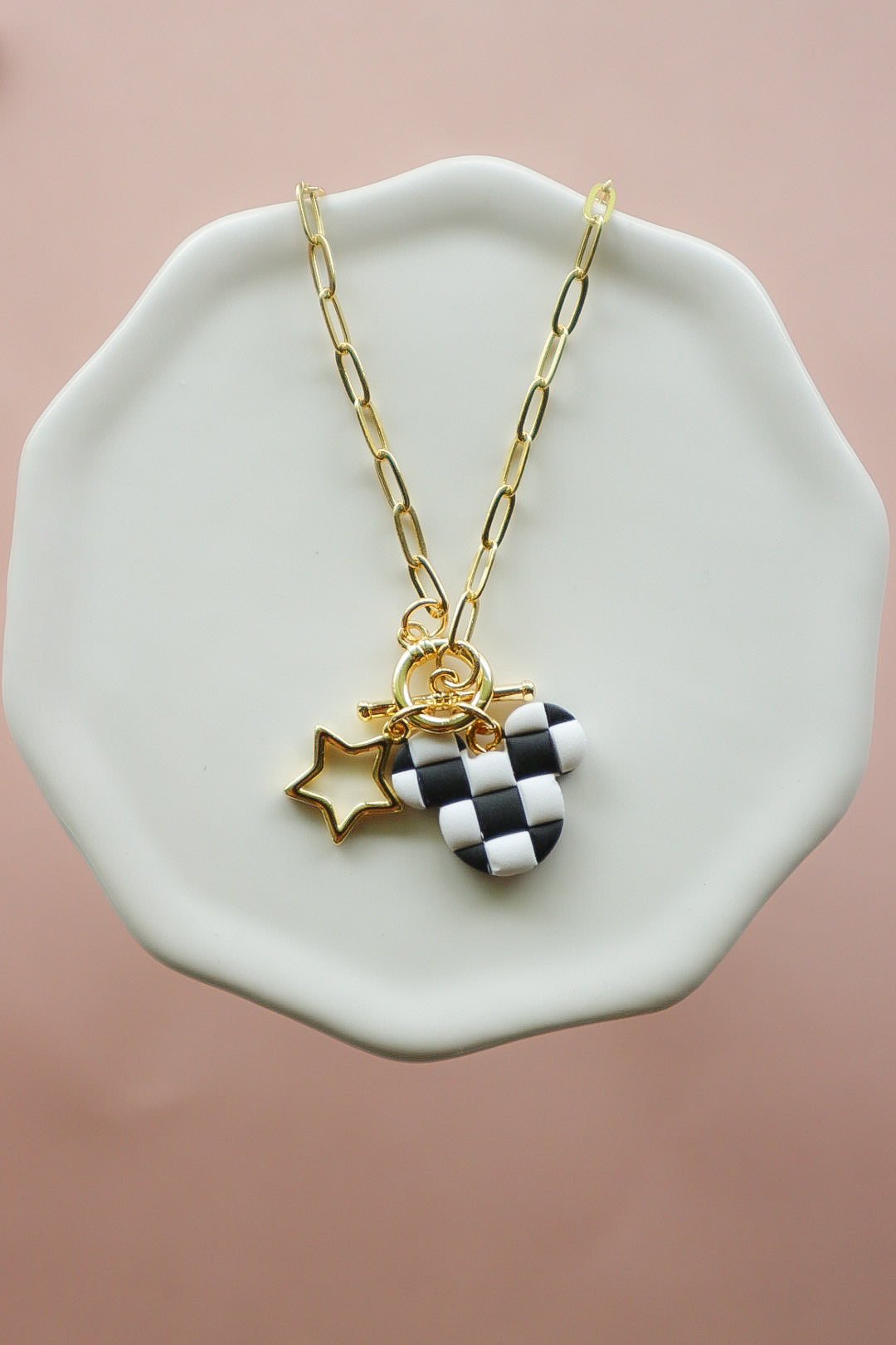 Black + White Checkered Gold Filled Charm Necklace (15”)