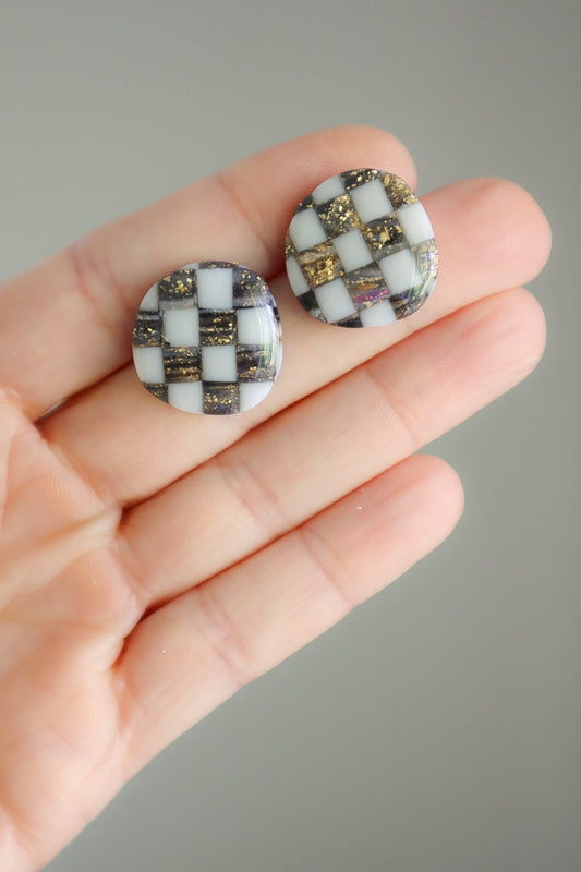 Brown Checkered Statement Stud