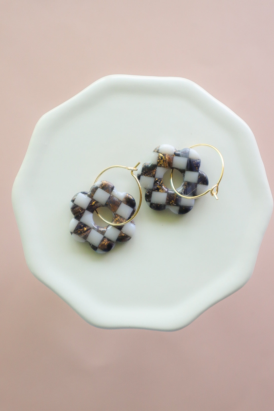 Brown Checkered Flower (18k gold filled 20mm hoop)