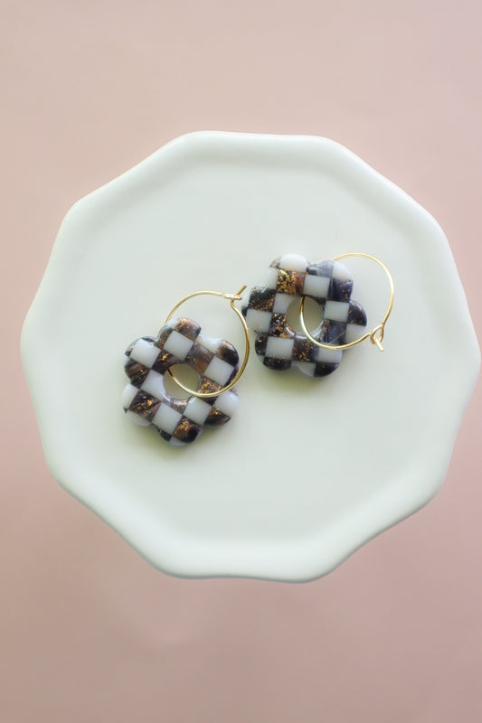 Brown Checkered Flower (18k gold filled 20mm hoop)