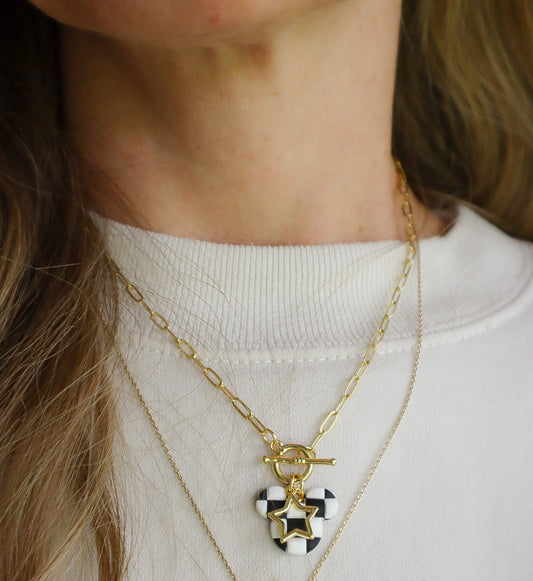 Black + White Checkered Gold Filled Charm Necklace (15”)