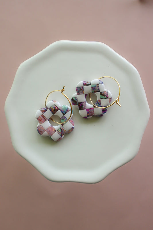 Confetti Checkered Flower (18k gold filled 20mm hoop)
