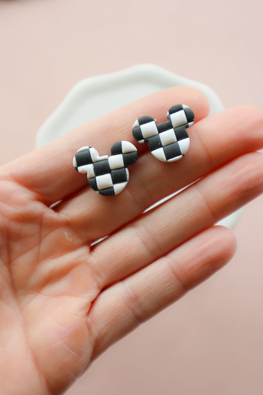 Black + White Checkered Mouse Studs